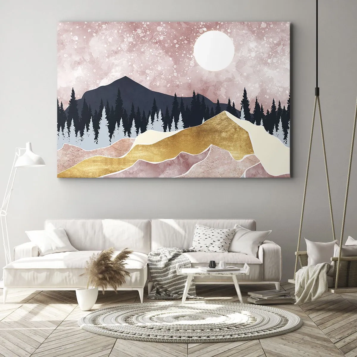 Quadro su tela - Stampe su Tela - Montagne colorate contro un cielo rosa con una luna - 70x50cm - Guardiano notturno - Decorazione murale moderna per soggiorno e camera da letto ARTTOR