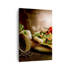 Quadro su tela - Stampe su Tela - Pizza con verdure su tagliere di legno in stile rustico - 70x100cm - Direttamente dal forno e dal giardino - Decorazione murale moderna per soggiorno e camera da letto ARTTOR