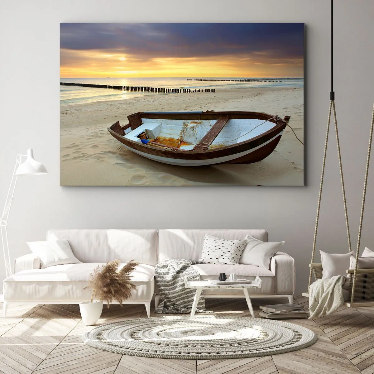 Quadro su tela - Stampe su Tela - Una barca su una spiaggia sabbiosa al tramonto - 120x80cm - Non vi sono spiagge più belle - Decorazione murale moderna per soggiorno e camera da letto ARTTOR