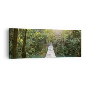 Quadro su tela - Stampe su Tela - Un ponte sospeso in una foresta tropicale illuminato dalla luce del sole. - 140x50cm - Sull'acqua azzurra verso il bosco azzurro - Decorazione murale moderna per soggiorno e camera da letto ARTTOR