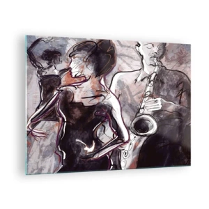 Quadro su vetro - Ballerini e un sassofonista in uno stile artistico di schizzo - 70x50cm - Sciogliersi nella musica - Decorazione murale moderna per soggiorno e camera da letto ARTTOR