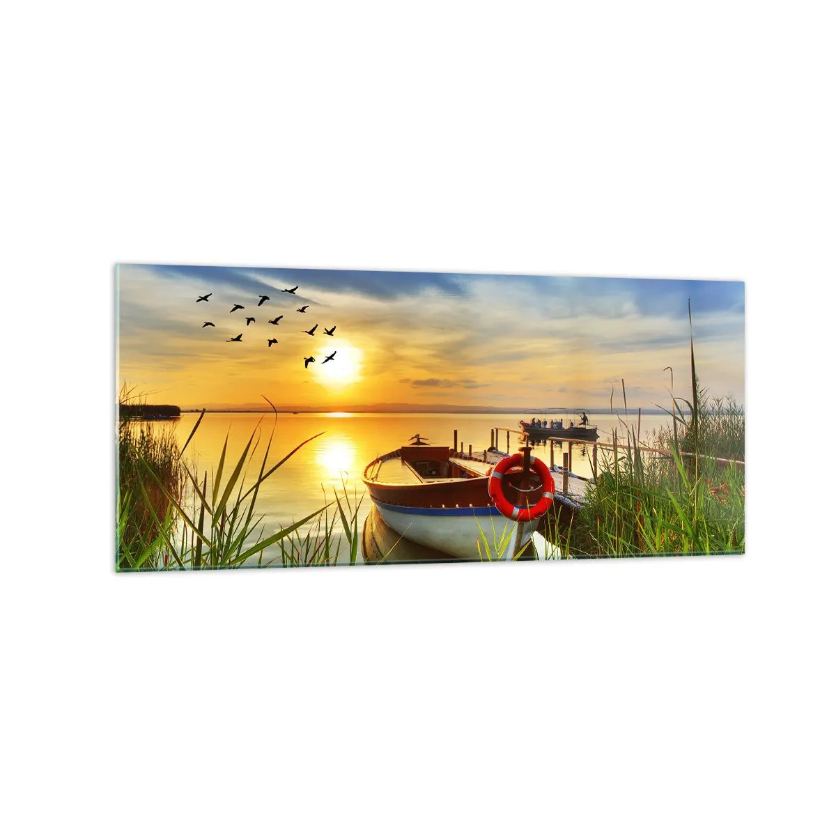 Quadro su vetro - Una barca sulla riva di un lago al tramonto - 120x50cm - I cormorano volano già via - Decorazione murale moderna per soggiorno e camera da letto ARTTOR