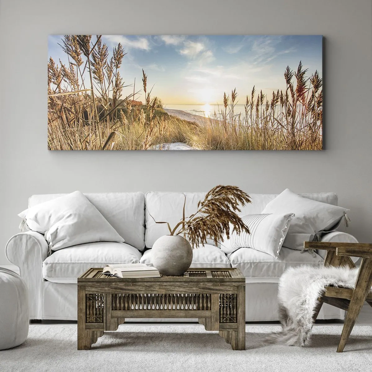 Quadro su tela - Stampe su Tela - Una spiaggia pittoresca con erba e il sole al tramonto - 160x50cm - Spiaggia del nord - Decorazione murale moderna per soggiorno e camera da letto ARTTOR