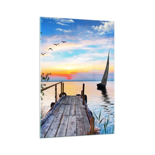 Quadro su vetro - Molo del lago con barca e tramonto - 70x100cm - Buona sera - Decorazione murale moderna per soggiorno e camera da letto ARTTOR