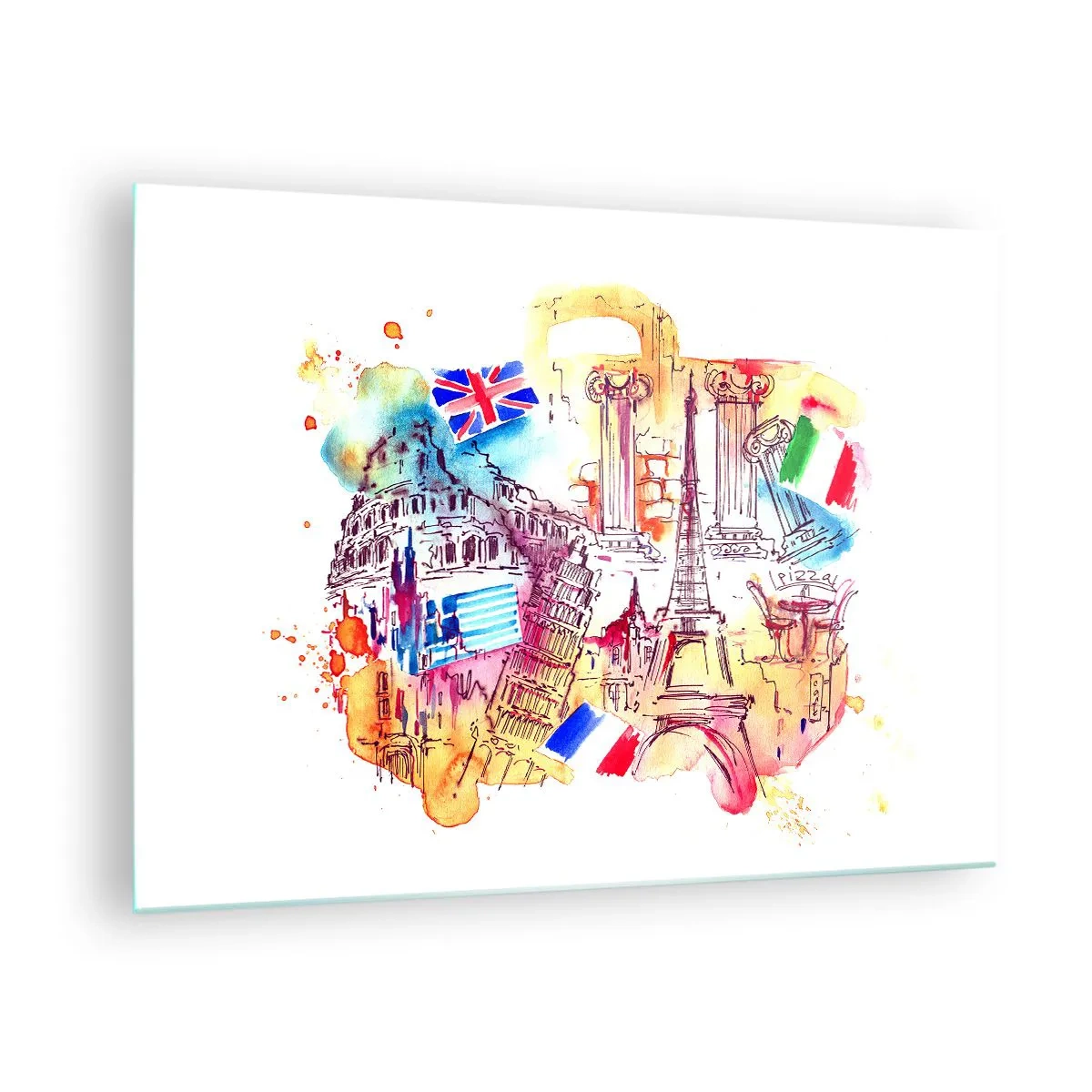 Quadro su vetro - Acquerello di monumenti europei con bandiere nazionali - 70x50cm - Tournée europea - Decorazione murale moderna per soggiorno e camera da letto ARTTOR