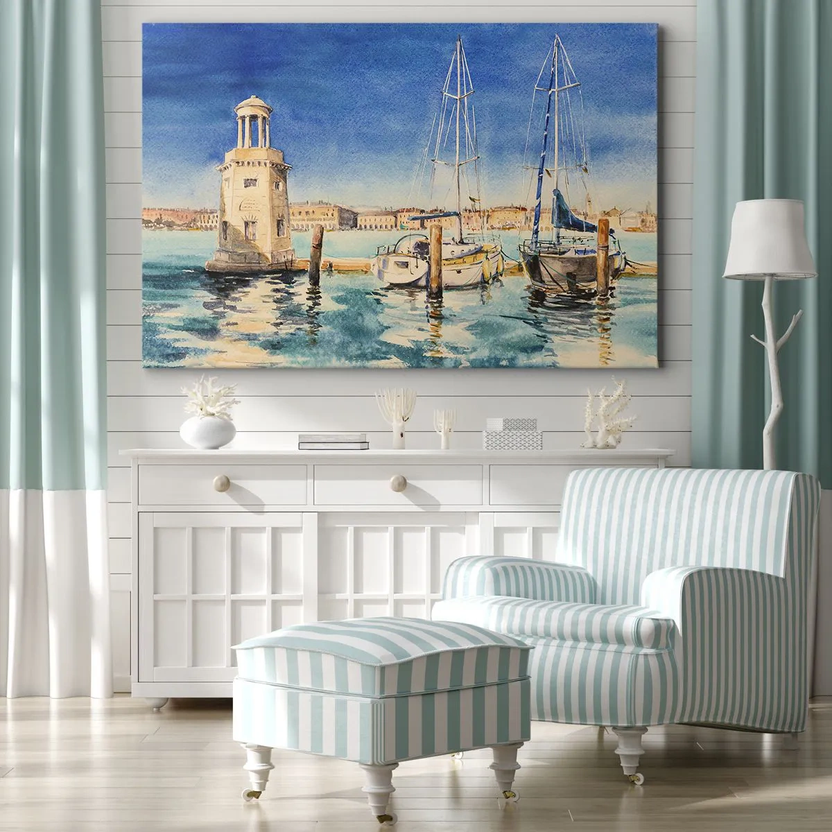 Quadro su tela - Stampe su Tela - Marina con barche sullo sfondo di una laguna blu - 70x50cm - La laguna assolata - Decorazione murale moderna per soggiorno e camera da letto ARTTOR