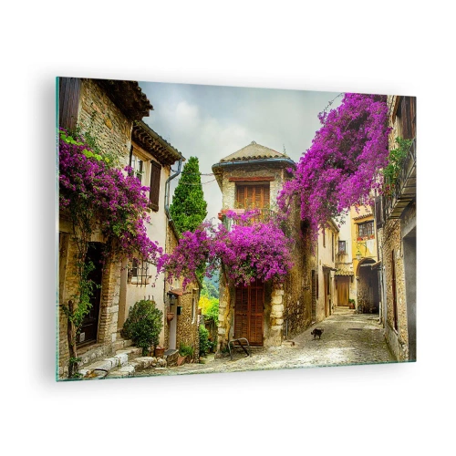 Quadro su vetro - Una strada affascinante con viti rosa in fiore e case popolari - 70x50cm - Sotto un baldacchino di fiori - Decorazione murale moderna per soggiorno e camera da letto ARTTOR