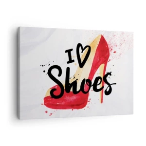 Quadro su tela - Stampe su Tela - Stiletto rosso con la scritta I love Shoes su sfondo bianco - 70x50cm - Gli amori sono tanti - Decorazione murale moderna per soggiorno e camera da letto ARTTOR