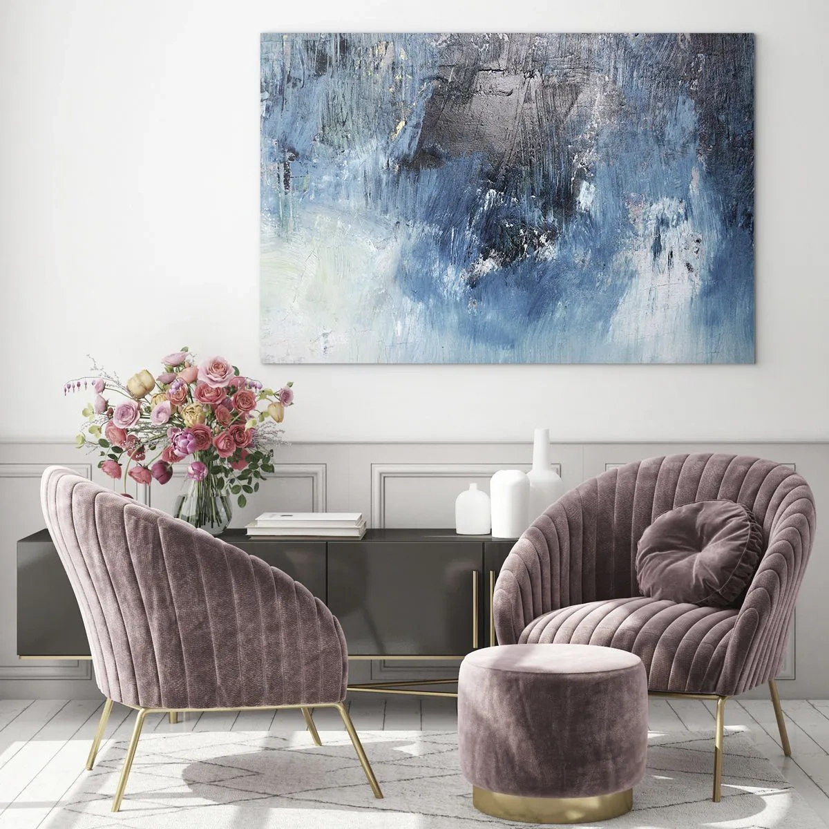 Quadro su vetro - Composizione astratta nei toni del blu - 120x80cm - Rapsodia blu - Decorazione murale moderna per soggiorno e camera da letto ARTTOR