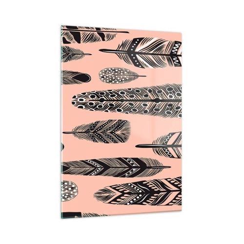 Quadro su vetro - Piume decorative con motivi bianchi e neri su sfondo rosa - 50x70cm - Collezione indiana - Decorazione murale moderna per soggiorno e camera da letto ARTTOR