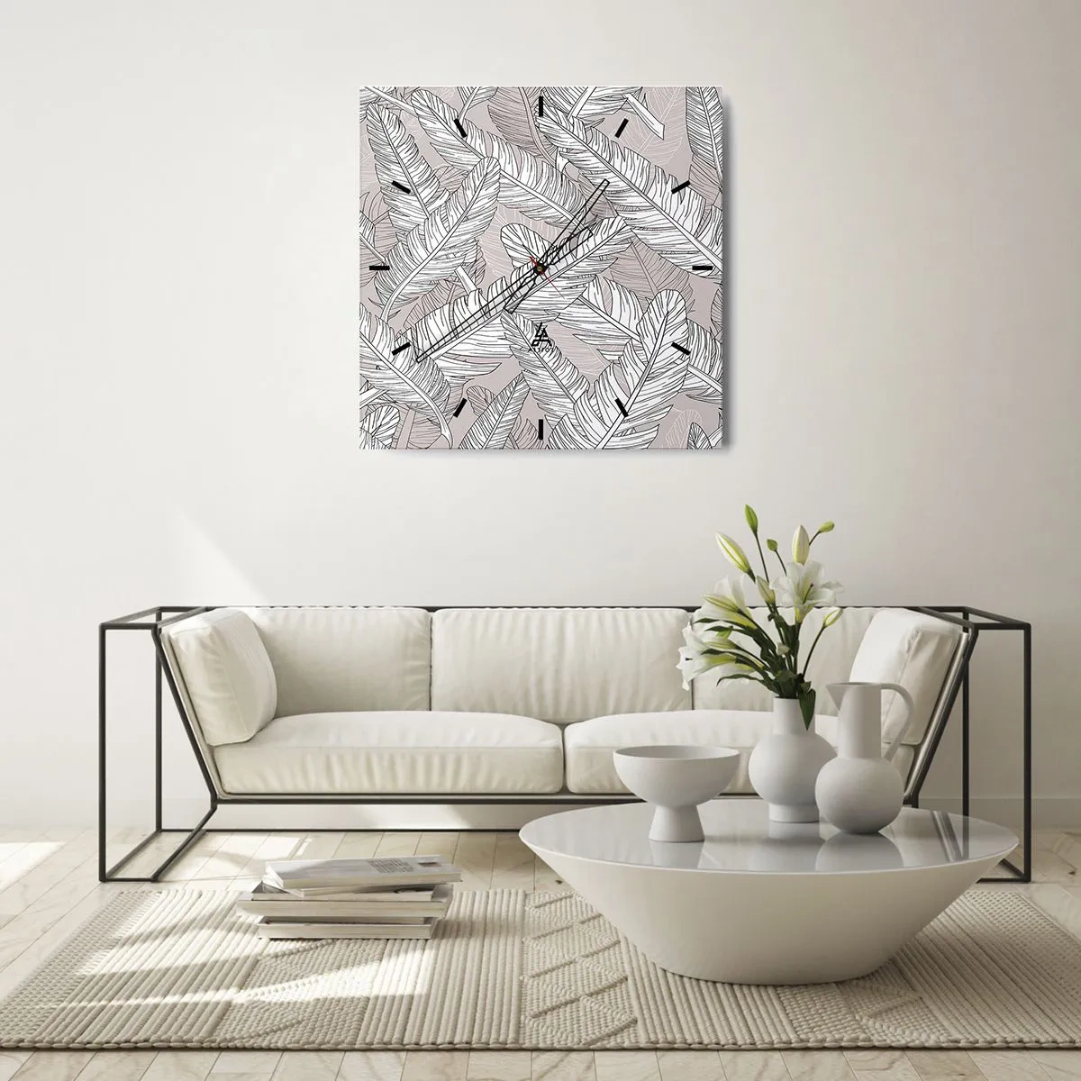 Orologio da parete - Orologio in Vetro - Motivo in bianco e nero con foglie di banano su sfondo chiaro - 30x30cm - Vortice di piume - Decorazione murale moderna per soggiorno e camera da letto ARTTOR