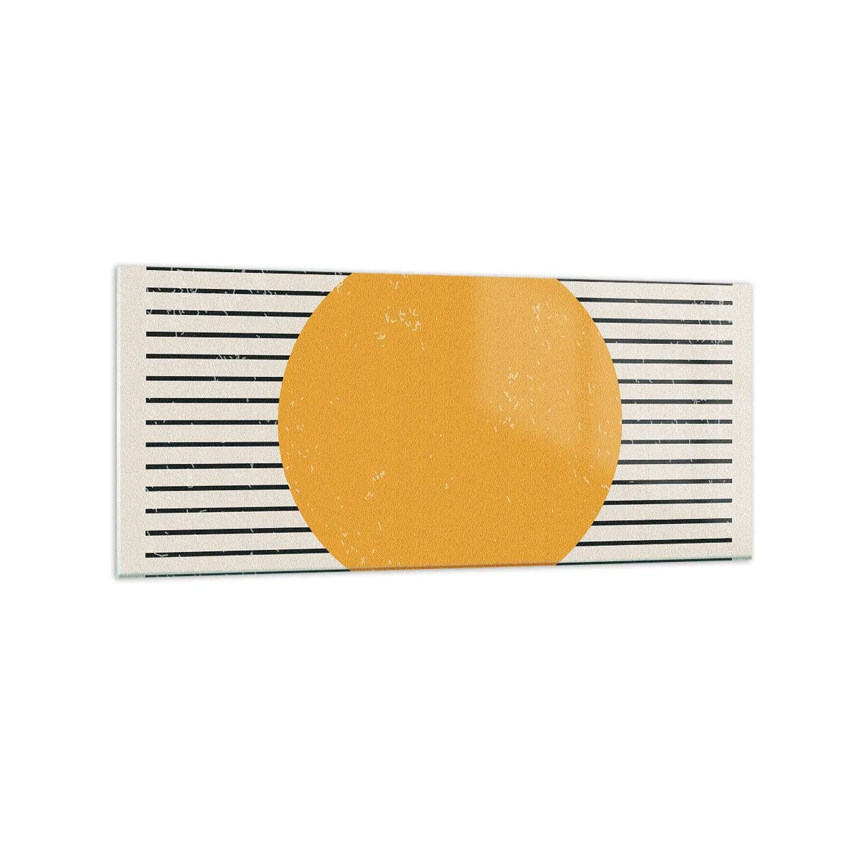 Quadro su vetro - Un cerchio giallo su uno sfondo di linee orizzontali bianche e nere - 120x50cm - La forza della semplicità - Decorazione murale moderna per soggiorno e camera da letto ARTTOR