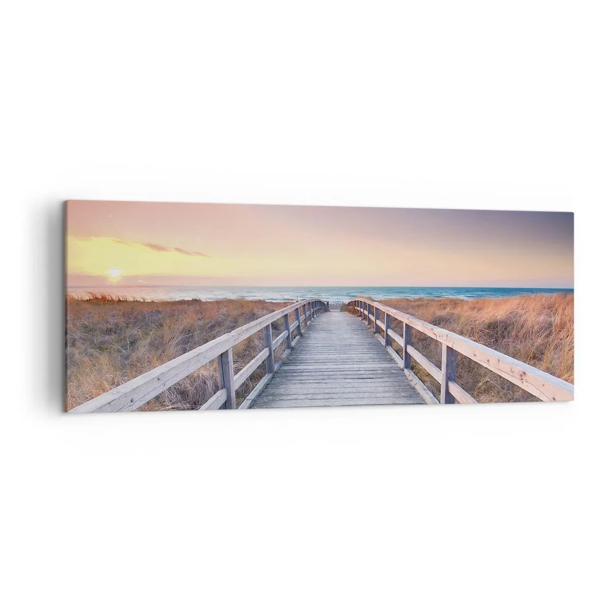 Quadro su tela - Stampe su Tela - Un molo di legno che conduce alla spiaggia al tramonto, con il cielo dipinto di colori pastello. - 140x50cm - Aurora serale baltica - Decorazione murale moderna per soggiorno e camera da letto ARTTOR