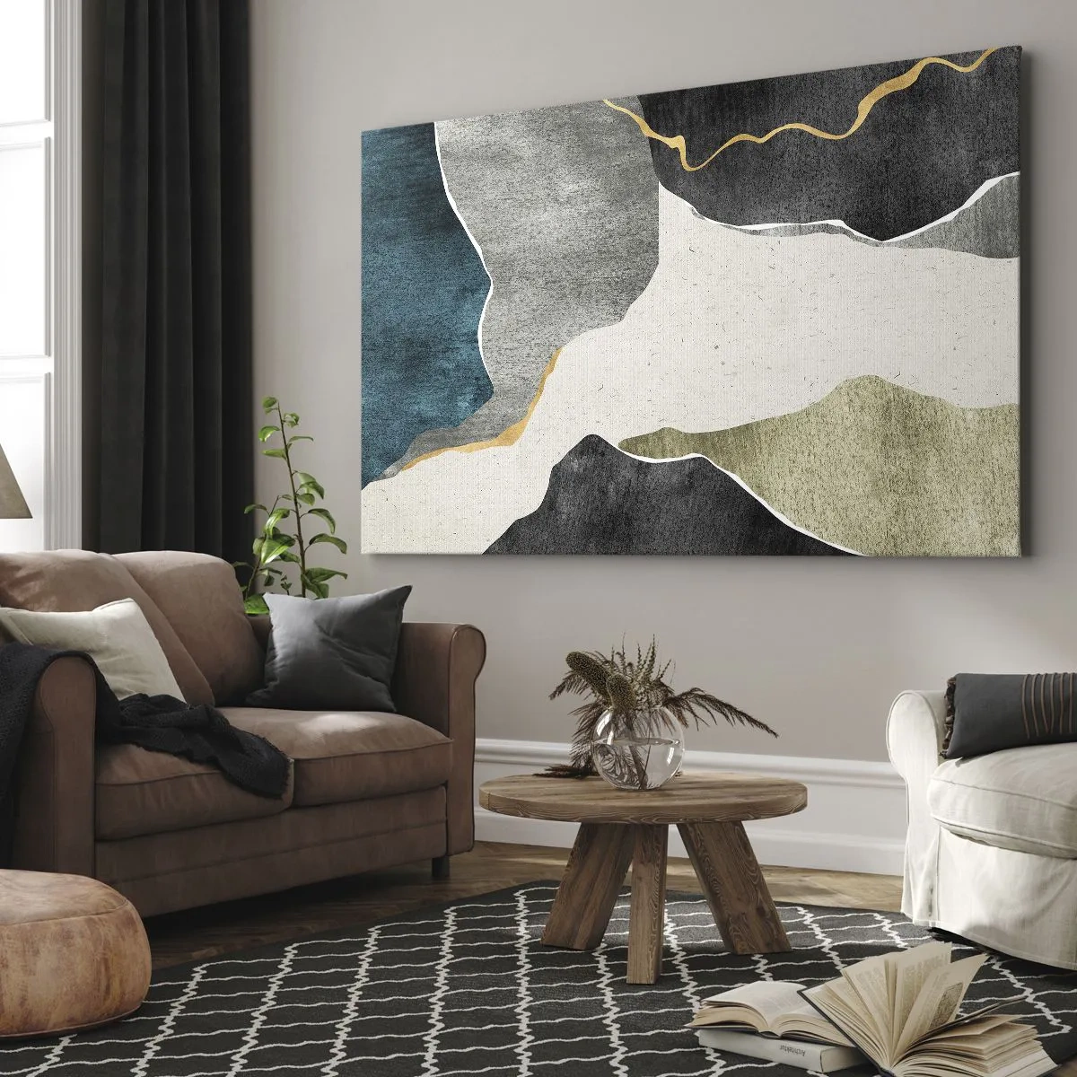 Quadro su tela - Stampe su Tela - Forme geometriche nei toni del grigio, verde e oro - 70x50cm - Composizione mosaico con filo d'oro - Decorazione murale moderna per soggiorno e camera da letto ARTTOR