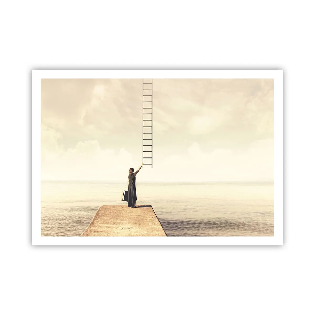 Poster - Una donna in piedi su un molo con una scala che porta al cielo - 100x70cm - Viaggio magico - Decorazione murale moderna per soggiorno e camera da letto ARTTOR