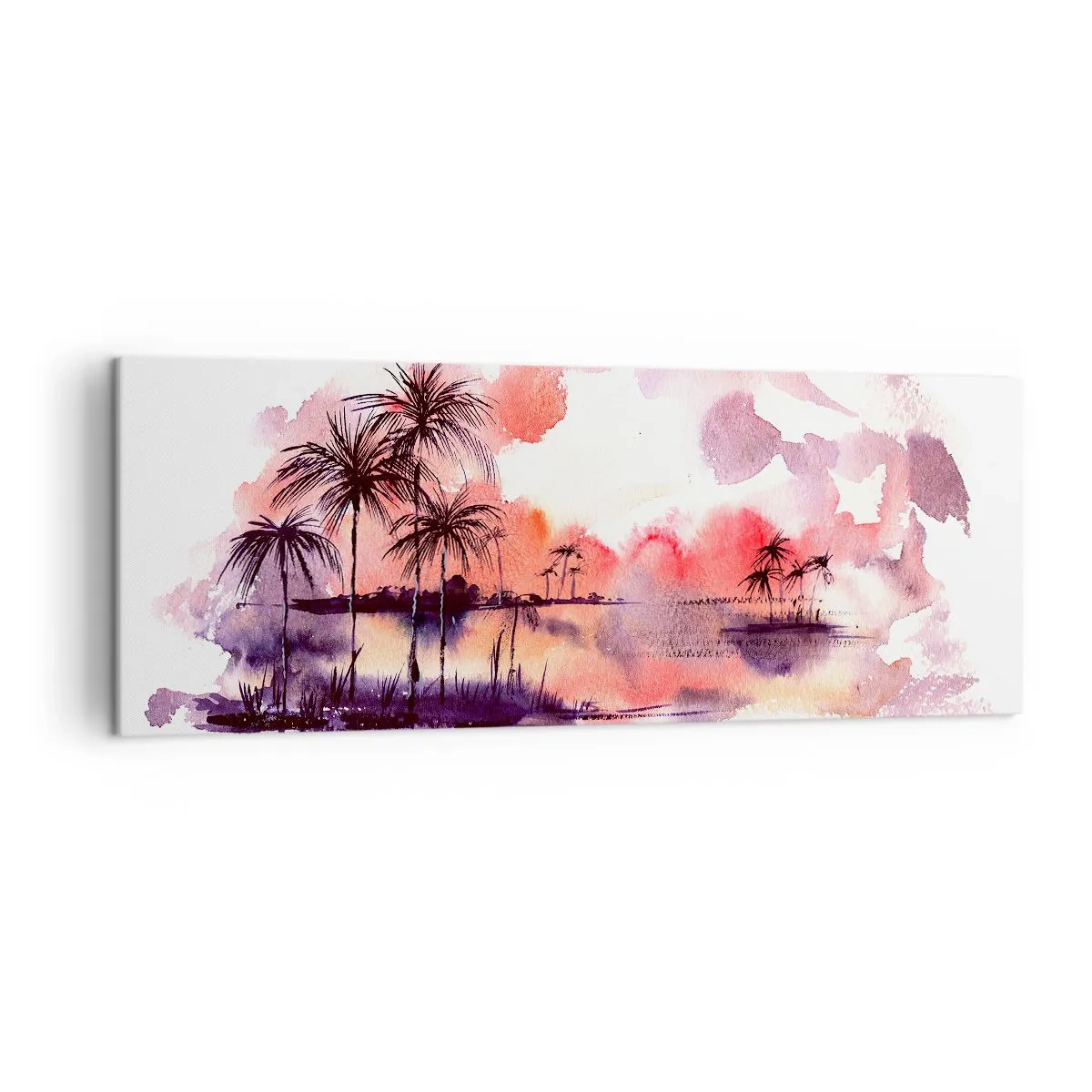Quadro su tela - Stampe su Tela - Paesaggio tropicale con palme al tramonto in acquerello - 140x50cm - Pace dei tropici in rosso - Decorazione murale moderna per soggiorno e camera da letto ARTTOR