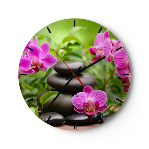 Orologio da parete - Orologio in Vetro - Pietre nere e orchidee rosa su sfondo verde - 30x30cm - Piramide di pace - Decorazione murale moderna per soggiorno, cucina e camera da letto ARTTOR