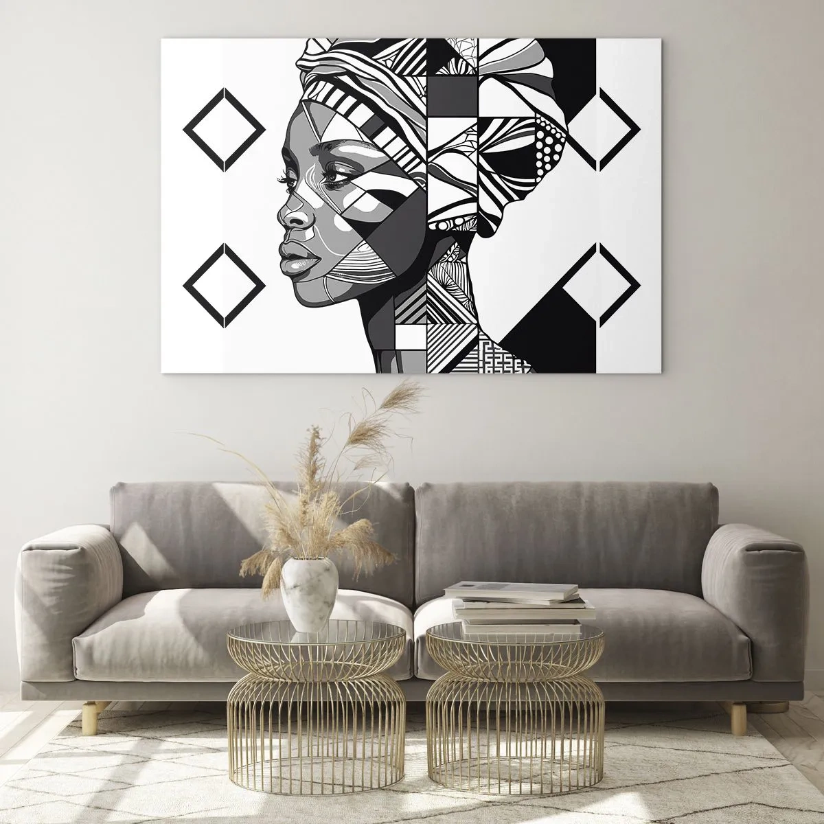 Quadro su vetro - Ritratto etnico in bianco e nero di una donna con motivi geometrici - 70x50cm - Ritratto etnico - Decorazione murale moderna per soggiorno e camera da letto ARTTOR
