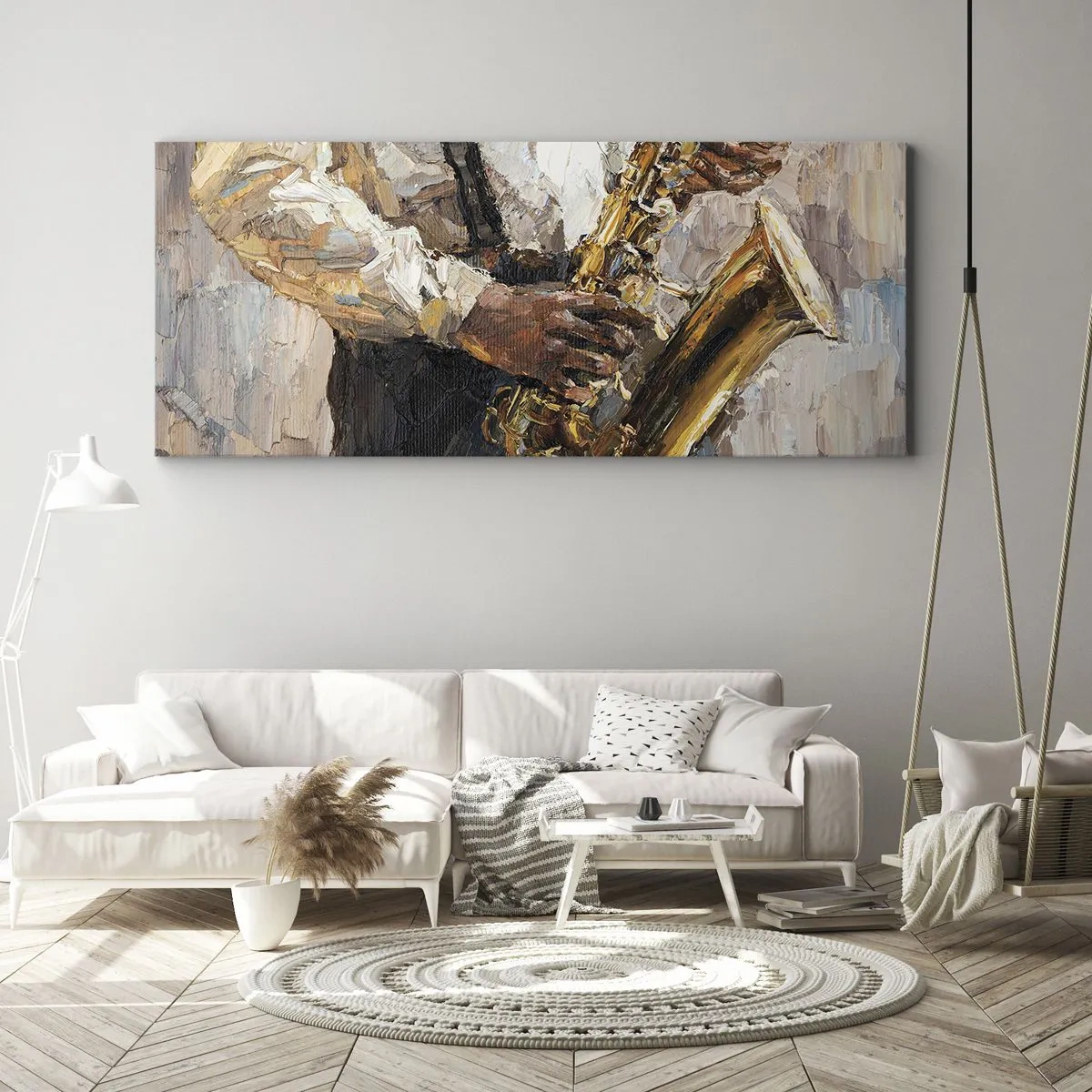 Quadro su tela - Stampe su Tela - Un musicista che suona il sassofono in uno stile artistico - 140x50cm - Tempo di assolo - Decorazione murale moderna per soggiorno e camera da letto ARTTOR