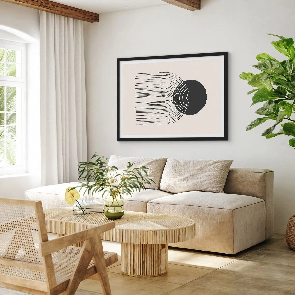 Poster in cornice nera - Motivo astratto con linee e un cerchio nero su uno sfondo chiaro - 70x50cm - Tremore e fiducia - Decorazione murale moderna per soggiorno e camera da letto ARTTOR