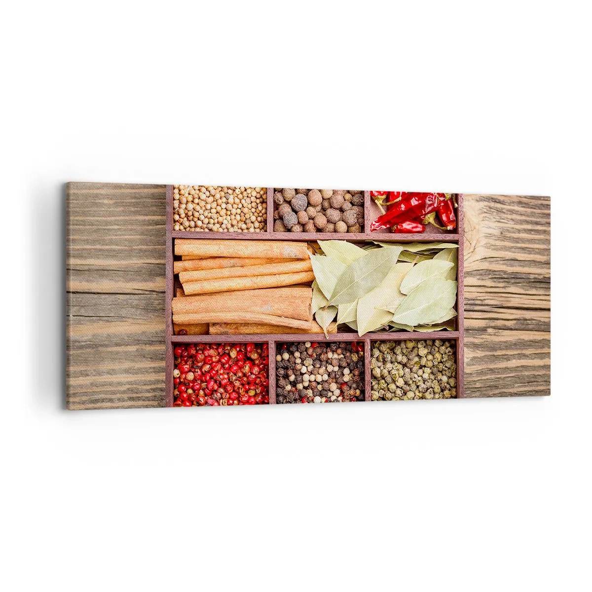 Quadro su tela - Stampe su Tela - Scatola di legno con varie spezie in scomparti - 120x50cm - Ordine delle forme, bouquet degli aromi - Decorazione murale moderna per soggiorno e camera da letto ARTTOR