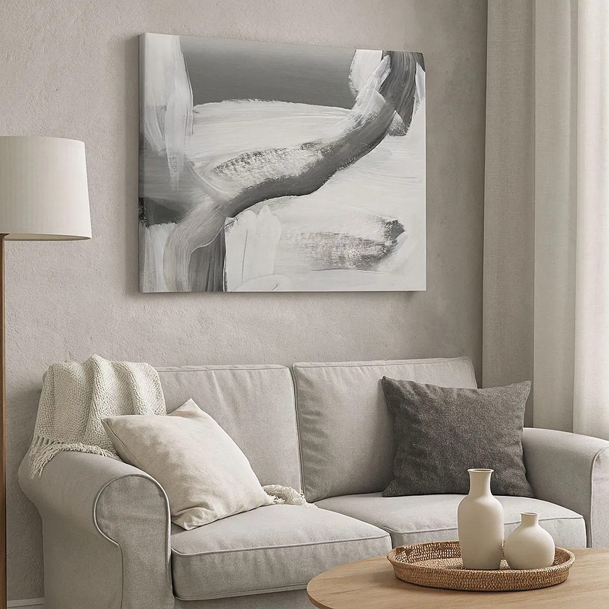 Quadro su tela - Stampe su Tela - Astrazione grigia e bianca con linee dinamiche - 70x50cm - Movimento deciso - Decorazione murale moderna per soggiorno e camera da letto ARTTOR