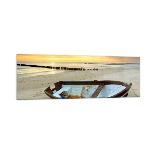 Quadro su vetro - Una barca su una spiaggia sabbiosa al tramonto - 160x50cm - Non vi sono spiagge più belle - Decorazione murale moderna per soggiorno e camera da letto ARTTOR