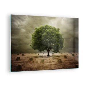 Quadro su vetro - Un albero verde circondato da tronchi contro un cielo cupo - 70x50cm - Ogni speranza - Decorazione murale moderna per soggiorno e camera da letto ARTTOR