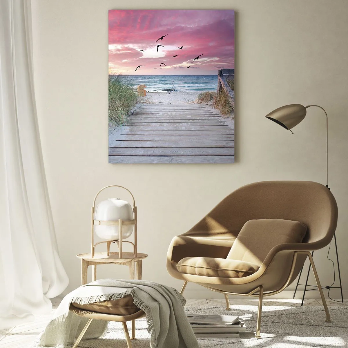 Quadro su vetro - Sentiero in legno sulla spiaggia al tramonto rosa - 70x100cm - Impressioni baltiche - Decorazione murale moderna per soggiorno e camera da letto ARTTOR