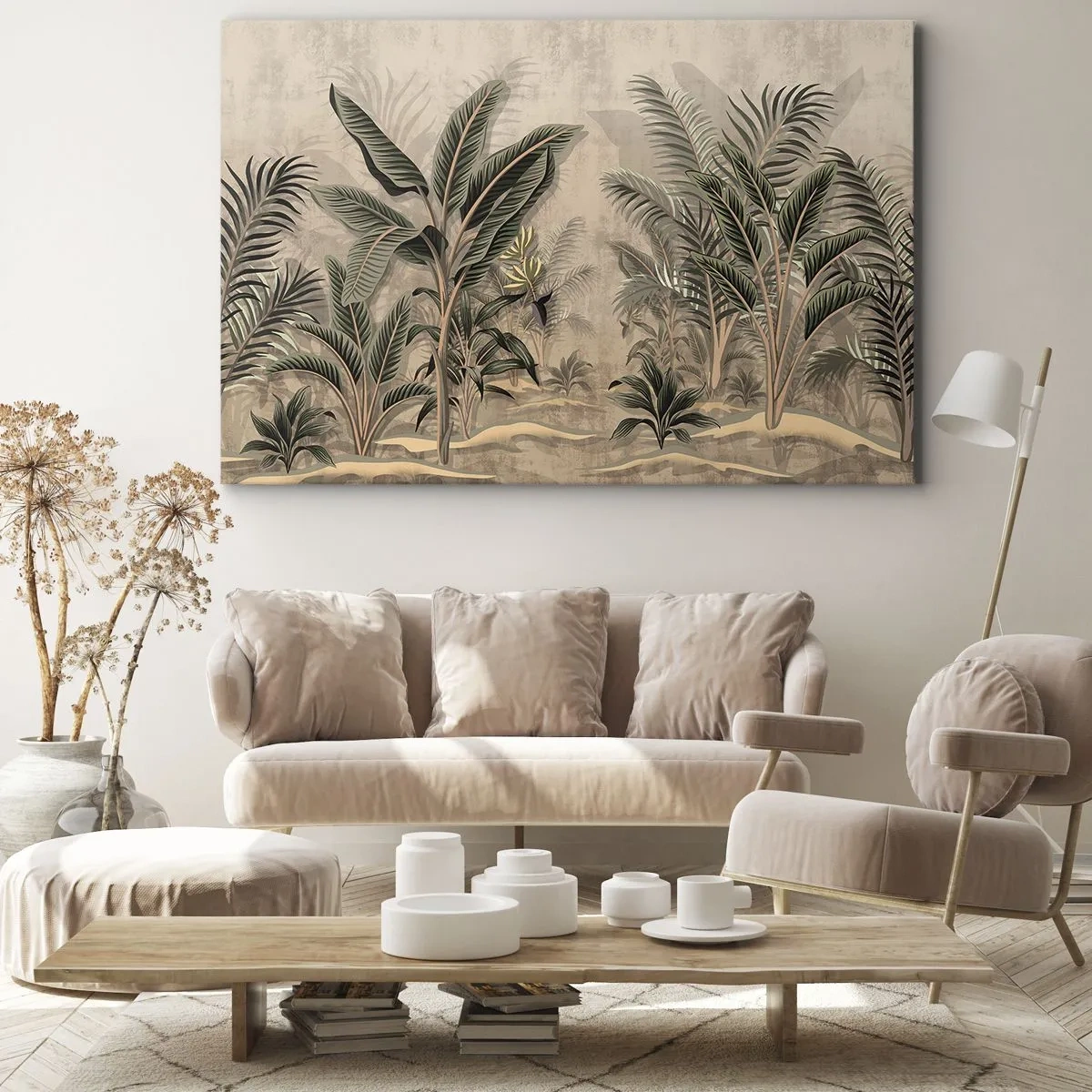 Quadro su tela - Stampe su Tela - Palme e vegetazione tropicale nei toni del verde su sfondo beige - 100x70cm - Incisione in stile coloniale - Decorazione murale moderna per soggiorno e camera da letto ARTTOR