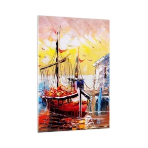 Quadro su vetro - Pittoresco porto al tramonto con barche da pesca - 80x120cm - Ritorno felice - Decorazione murale moderna per soggiorno e camera da letto ARTTOR