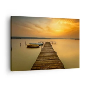 Quadro su tela - Stampe su Tela - Pontile in legno e barche sul lago al tramonto - 70x50cm - Ti apro il cielo dorato - Decorazione murale moderna per soggiorno e camera da letto ARTTOR