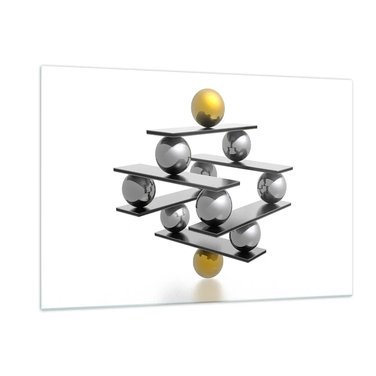 Quadro su vetro - Composizione geometrica con palline e piattaforme su sfondo bianco - 120x80cm - Equilibrio oro e argento - Decorazione murale moderna per soggiorno e camera da letto ARTTOR