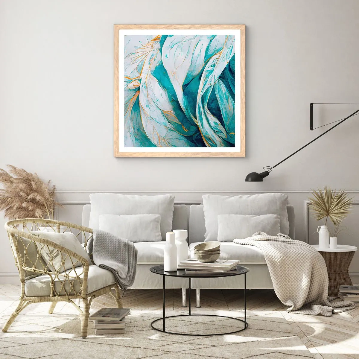 Poster in cornice rovere chiaro - Astrazione blu con motivi d'oro - 40x40 cm