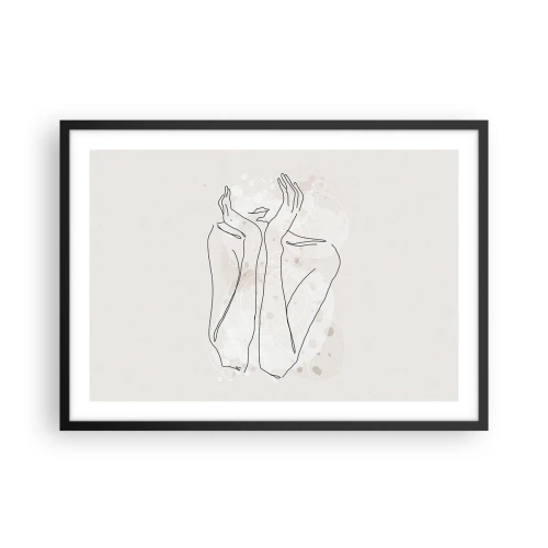 Poster in cornice nera - Linea di contorno che mostra le mani della donna su uno sfondo chiaro - 70x50cm - Attimo sognante - Decorazione murale moderna per soggiorno e camera da letto ARTTOR