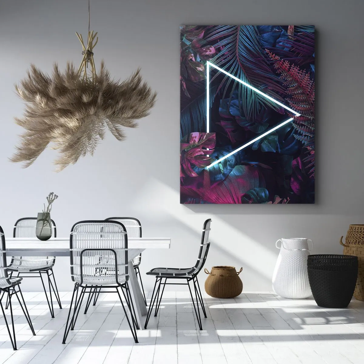 Quadro su tela - Stampe su Tela - Un triangolo al neon circondato da foglie tropicali dai colori scuri. - 80x120cm - Giardino in stile discoteca - Decorazione murale moderna per soggiorno e camera da letto ARTTOR