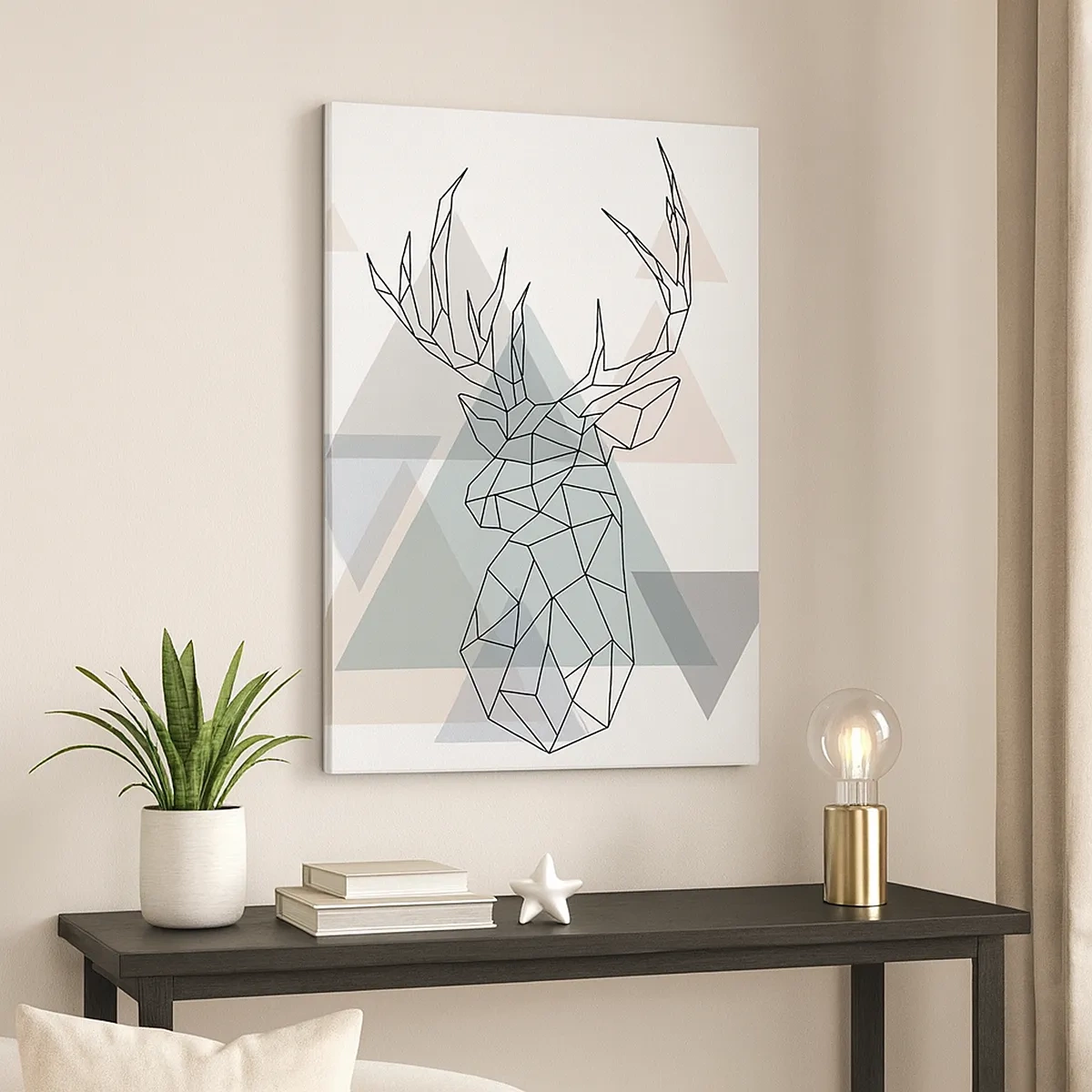 Quadro su tela - Stampe su Tela - Cervo geometrico su uno sfondo di triangoli pastello - 50x70cm - Nel bosco geometrico - Decorazione murale moderna per soggiorno e camera da letto ARTTOR