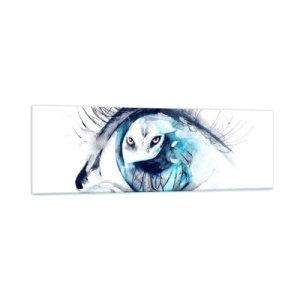 Quadro su vetro - Un occhio con l'immagine di un gufo in tonalità di blu acquerellate - 160x50cm - Faccia a faccia con la natura selvaggia - Decorazione murale moderna per soggiorno e camera da letto ARTTOR