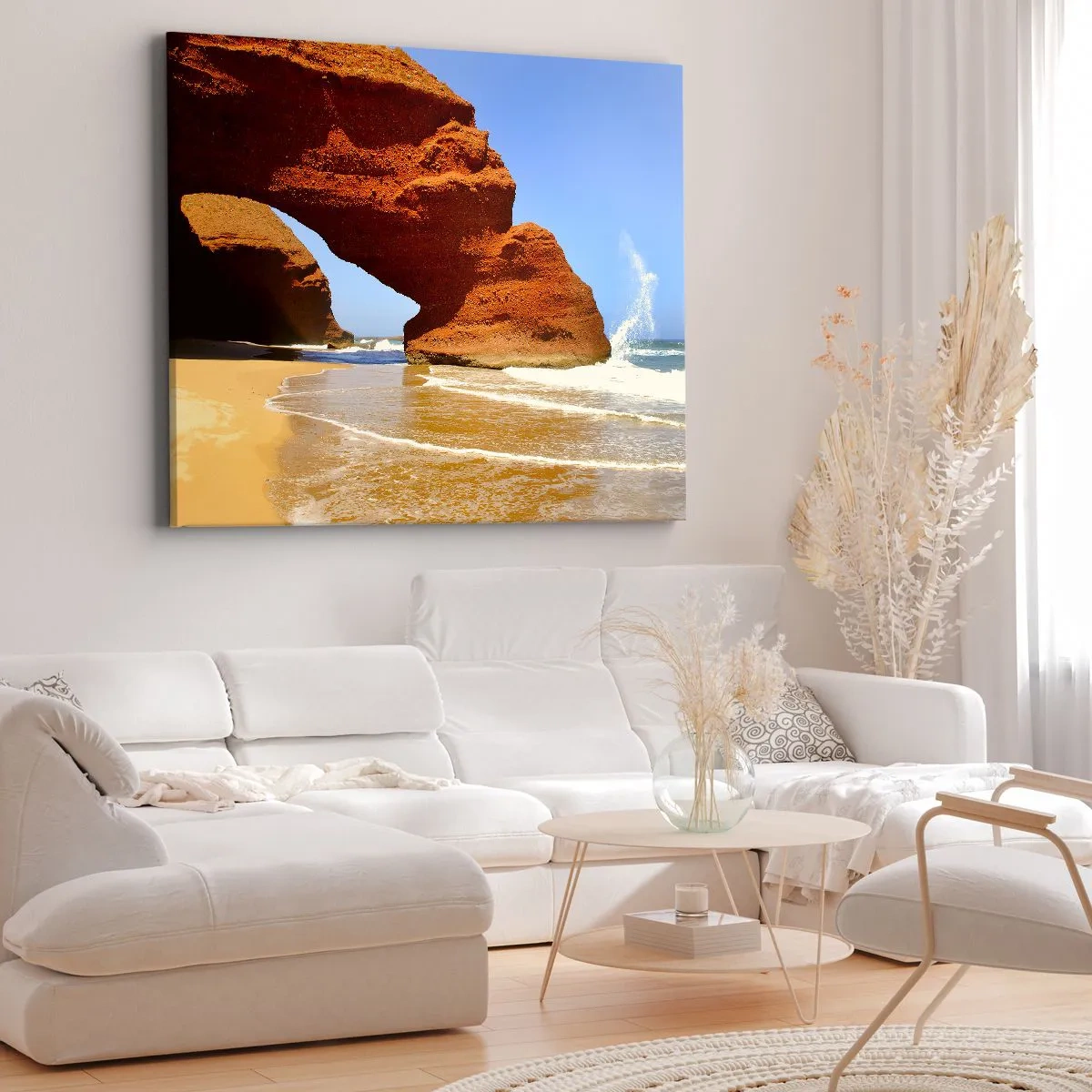Quadro su tela - Stampe su Tela - Un arco di roccia naturale su una spiaggia con cielo azzurro e onde - 70x50cm - Migliaia di anni di acqua e vento - Decorazione murale moderna per soggiorno e camera da letto ARTTOR