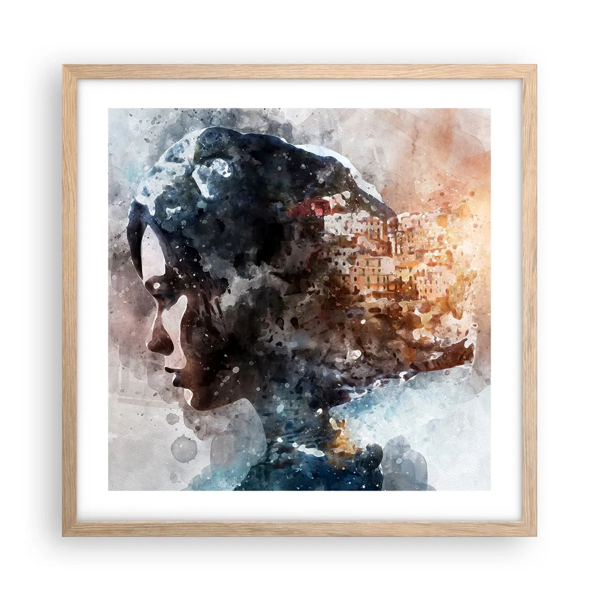 Poster in cornice rovere chiaro - Racconto su una ragazza con città sullo sfondo - 50x50 cm