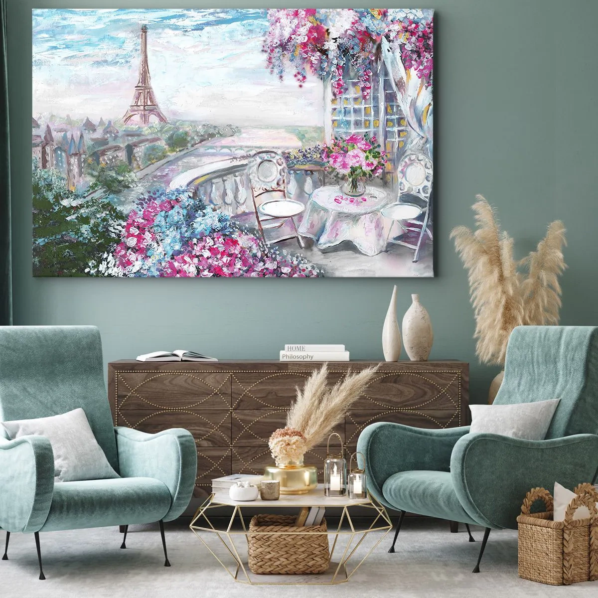 Quadro su tela - Stampe su Tela - Una vista romantica di Parigi con la Torre Eiffel e un balcone pieno di fiori - 100x70cm - Bellissimo qui a maggio - Decorazione murale moderna per soggiorno e camera da letto ARTTOR