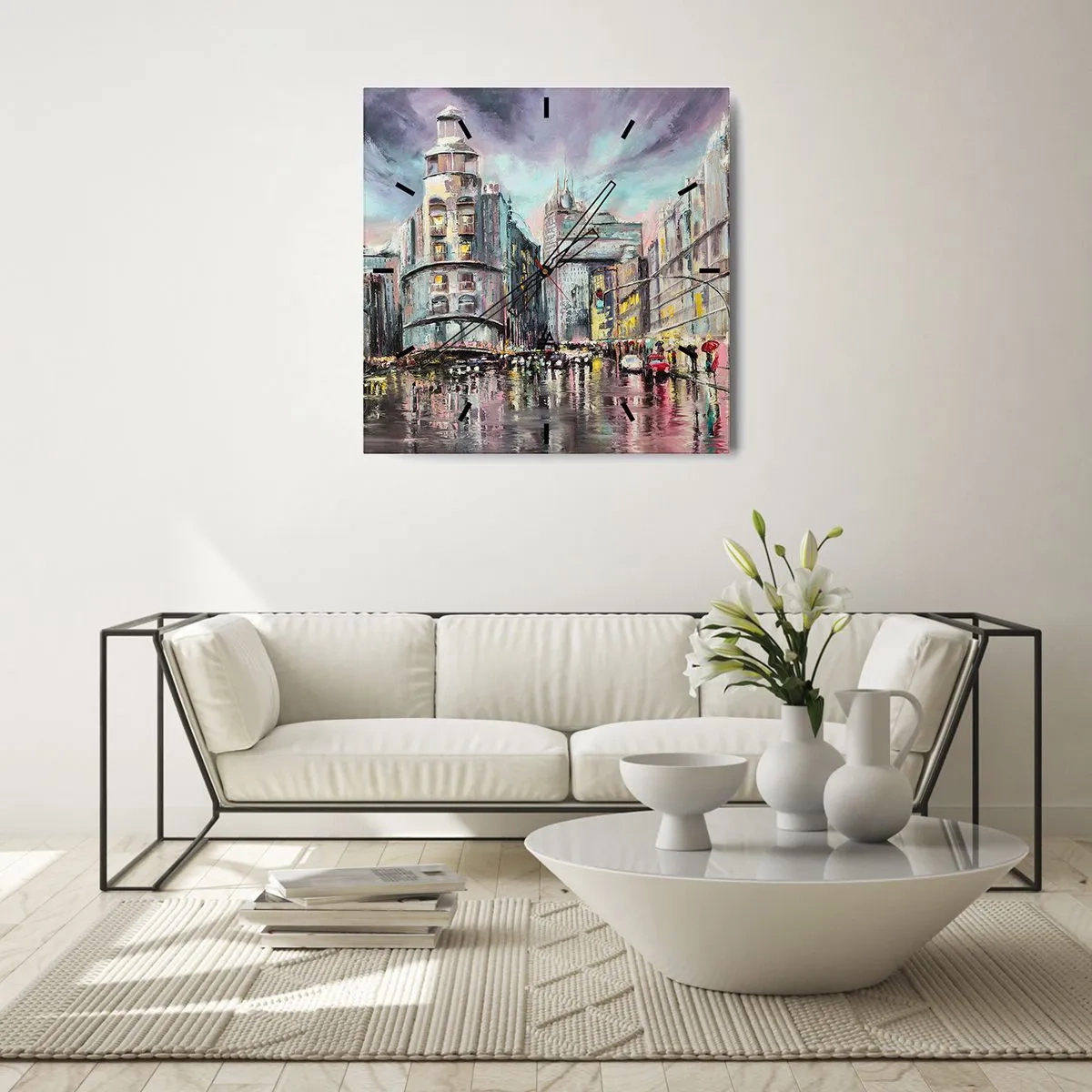 Orologio da parete - Orologio in Vetro - Vista serale della città con riflessi sulla strada bagnata - 30x30cm - Sarà una serata riuscita - Decorazione murale moderna per soggiorno e camera da letto ARTTOR