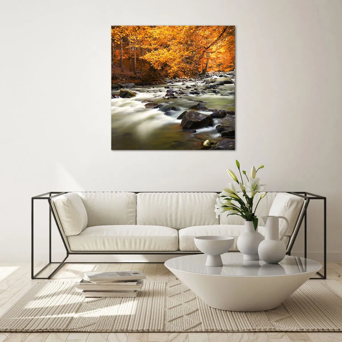 Quadro su vetro - Ruscello nel bosco dorato - 40x40 cm