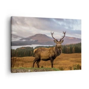 Quadro su tela - Stampe su Tela - Un cervo sullo sfondo di un paesaggio montano con laghi e foresta - 70x50cm - Maestà della natura - Decorazione murale moderna per soggiorno e camera da letto ARTTOR