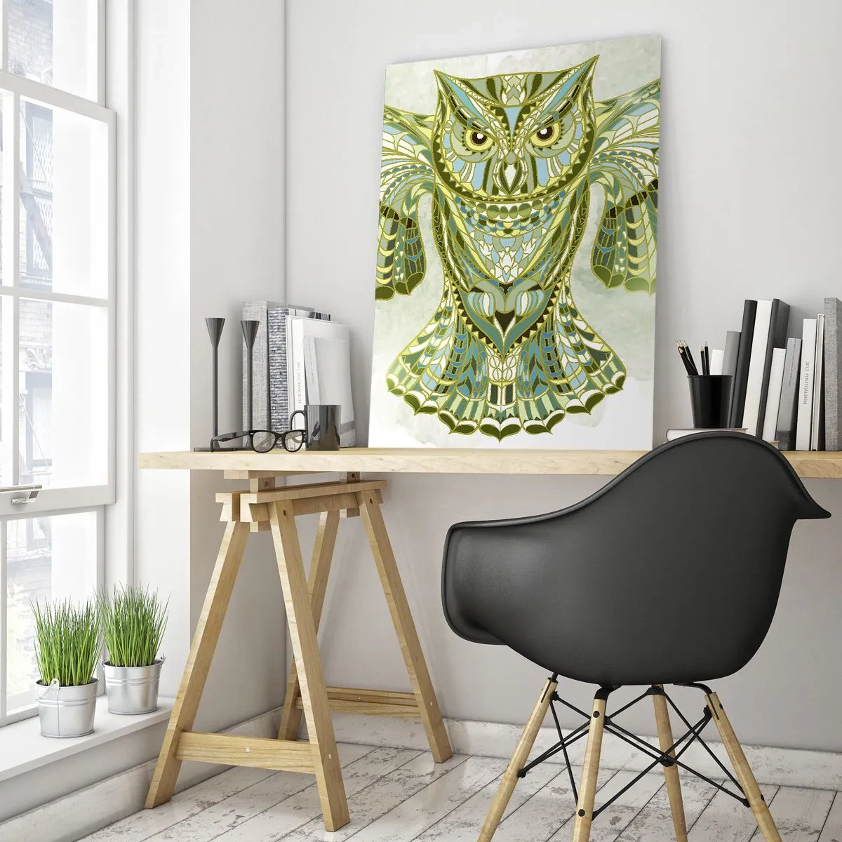 Quadro su vetro - Gufo blu con ali spiegate in stile geometrico - 50x70cm - Dal bosco sacro celtico - Decorazione murale moderna per soggiorno e camera da letto ARTTOR