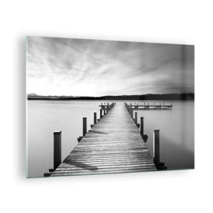 Quadro su vetro - Un molo di legno conduce in lontananza attraverso un lago calmo - 70x50cm - Pace sull'acqua - Decorazione murale moderna per soggiorno e camera da letto ARTTOR