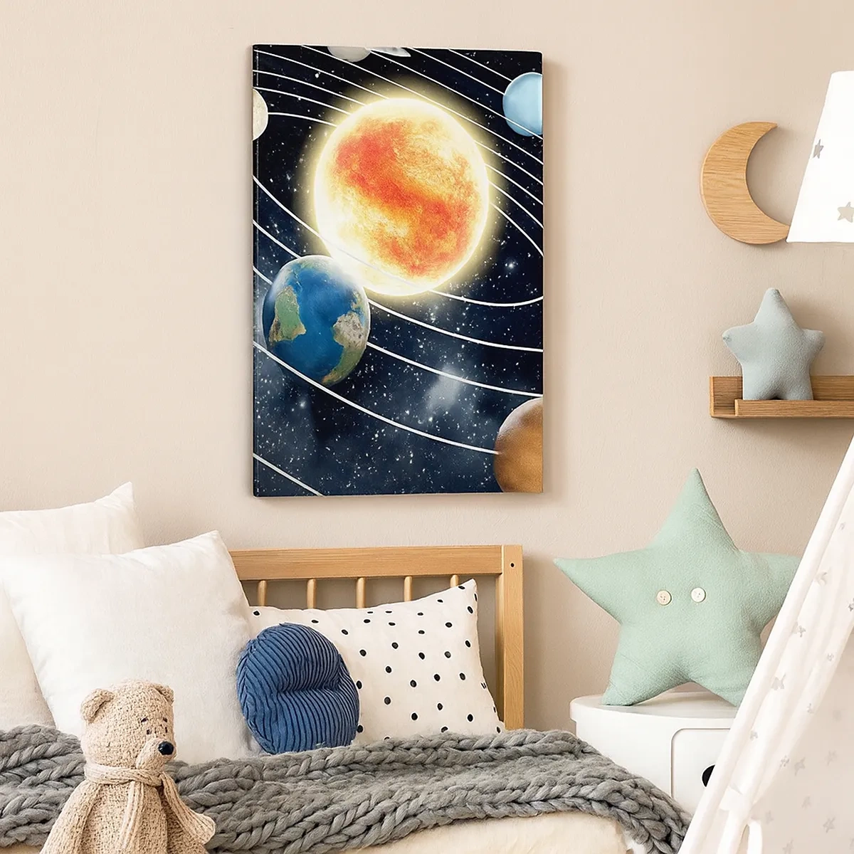 Quadro su tela - Stampe su Tela - Sistema solare con pianeti e sole nello spazio - 50x70cm - Danza cosmica - Decorazione murale moderna per soggiorno e camera da letto ARTTOR