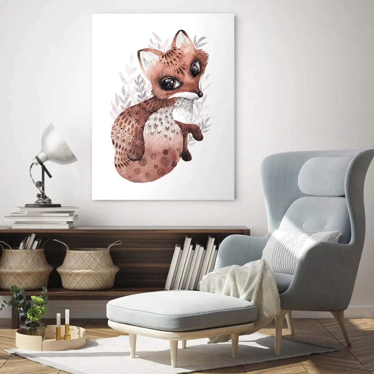 Quadro su vetro - Una simpatica volpe acquerellata su sfondo bianco - 50x70cm - Semplicemente da amare - Decorazione murale moderna per soggiorno e camera da letto ARTTOR