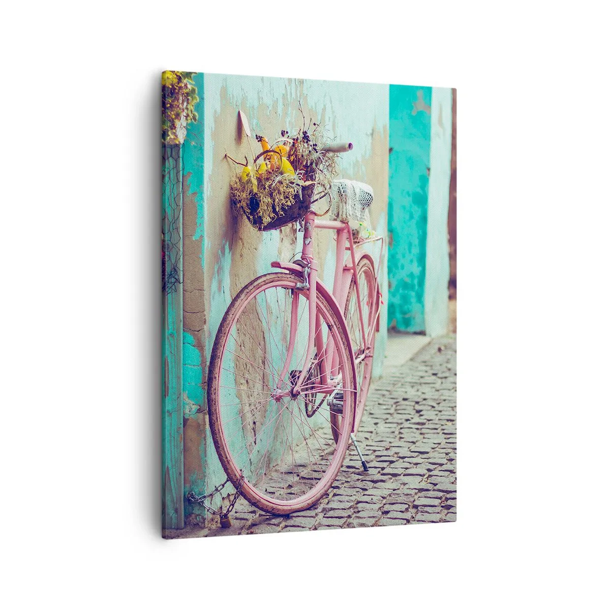 Quadro su tela - Stampe su Tela - Una bicicletta rosa vicino a una porta turchese - 50x70cm - Torno subito - Decorazione murale moderna per soggiorno e camera da letto ARTTOR