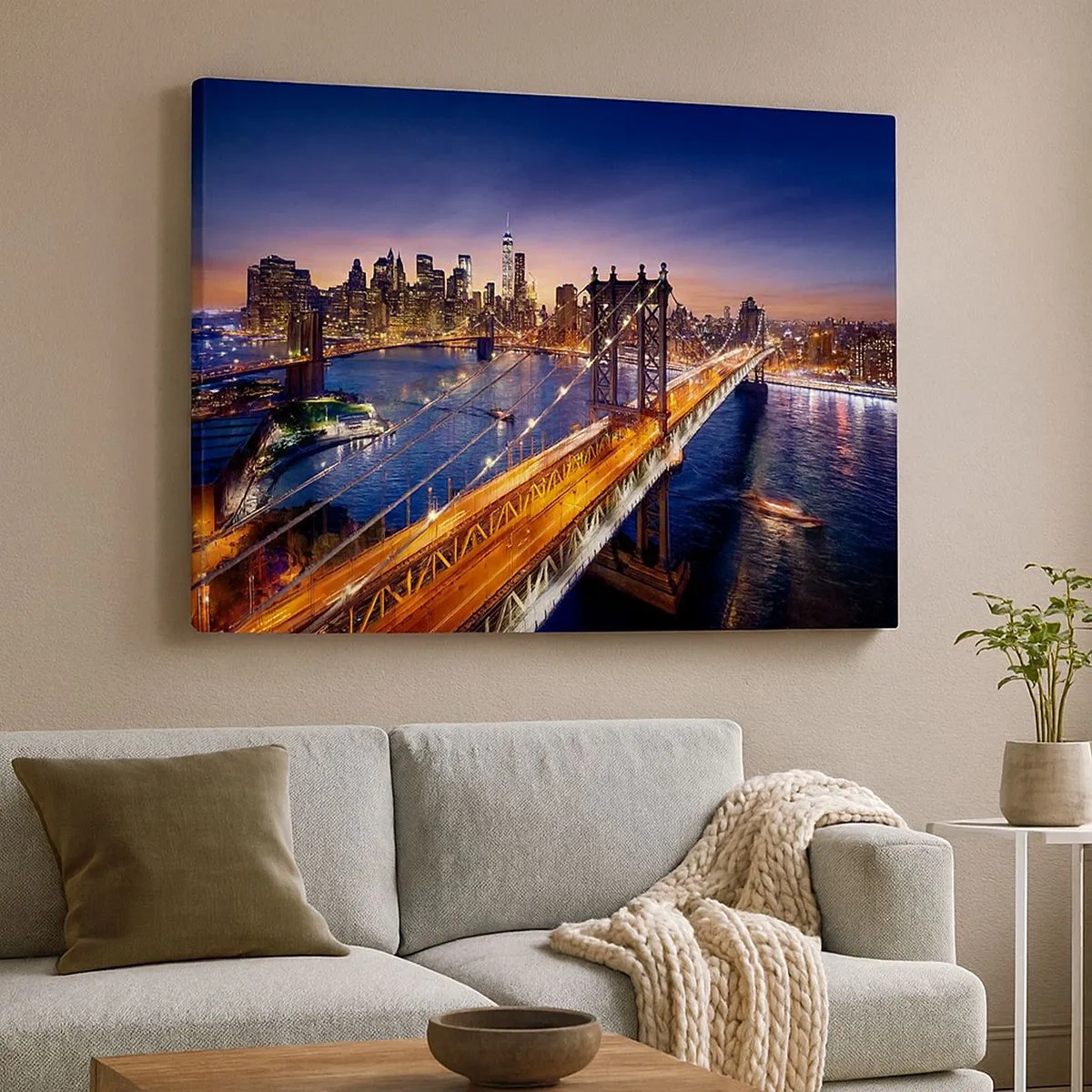 Quadro su tela - Stampe su Tela - Il ponte e il panorama della città al tramonto - 70x50cm - Il ponte luminoso fino al cuore della città - Decorazione murale moderna per soggiorno e camera da letto ARTTOR